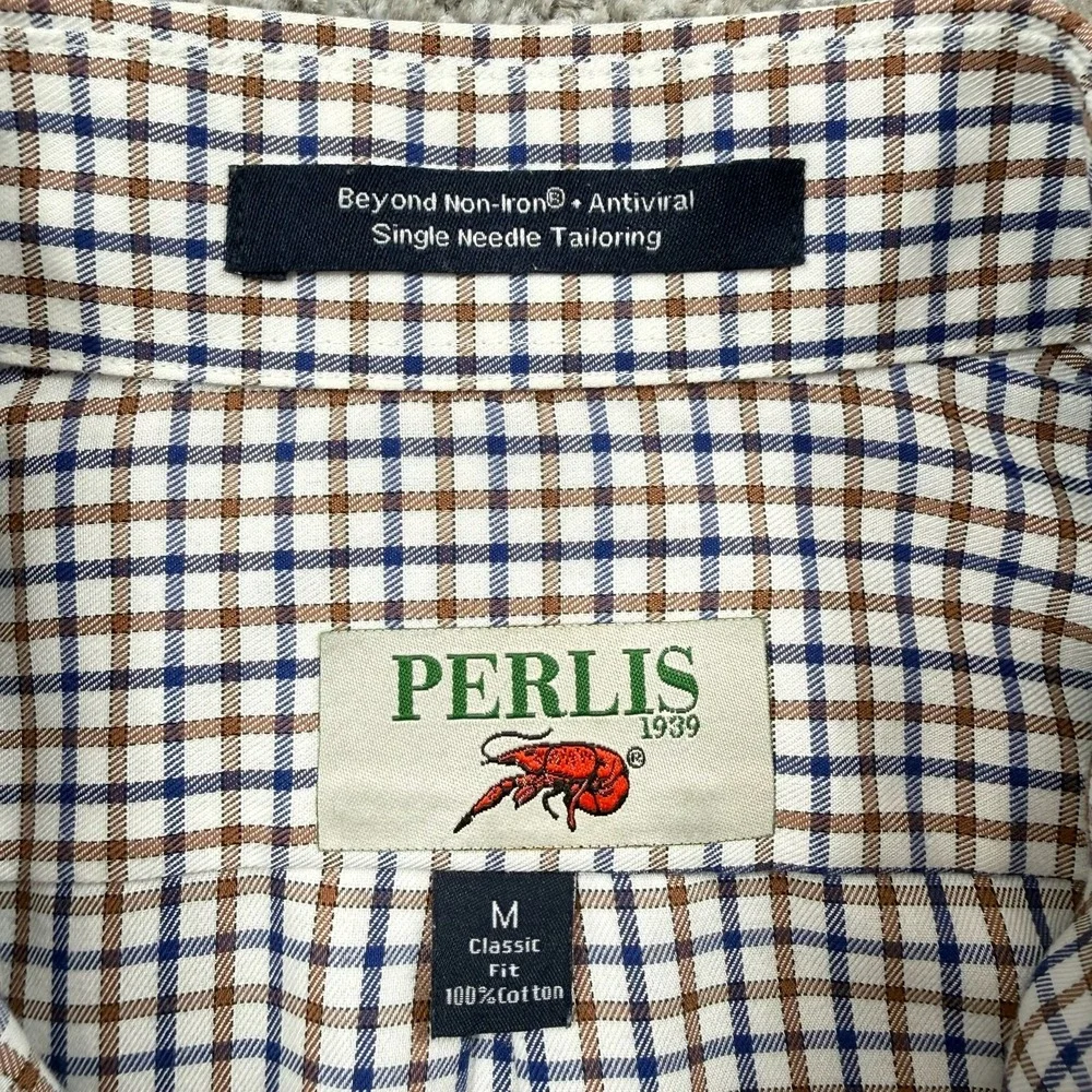 Perlis 1939 Mens M Button Down Shirt Blue Plaid Crawfish Classic Fit Cotton
